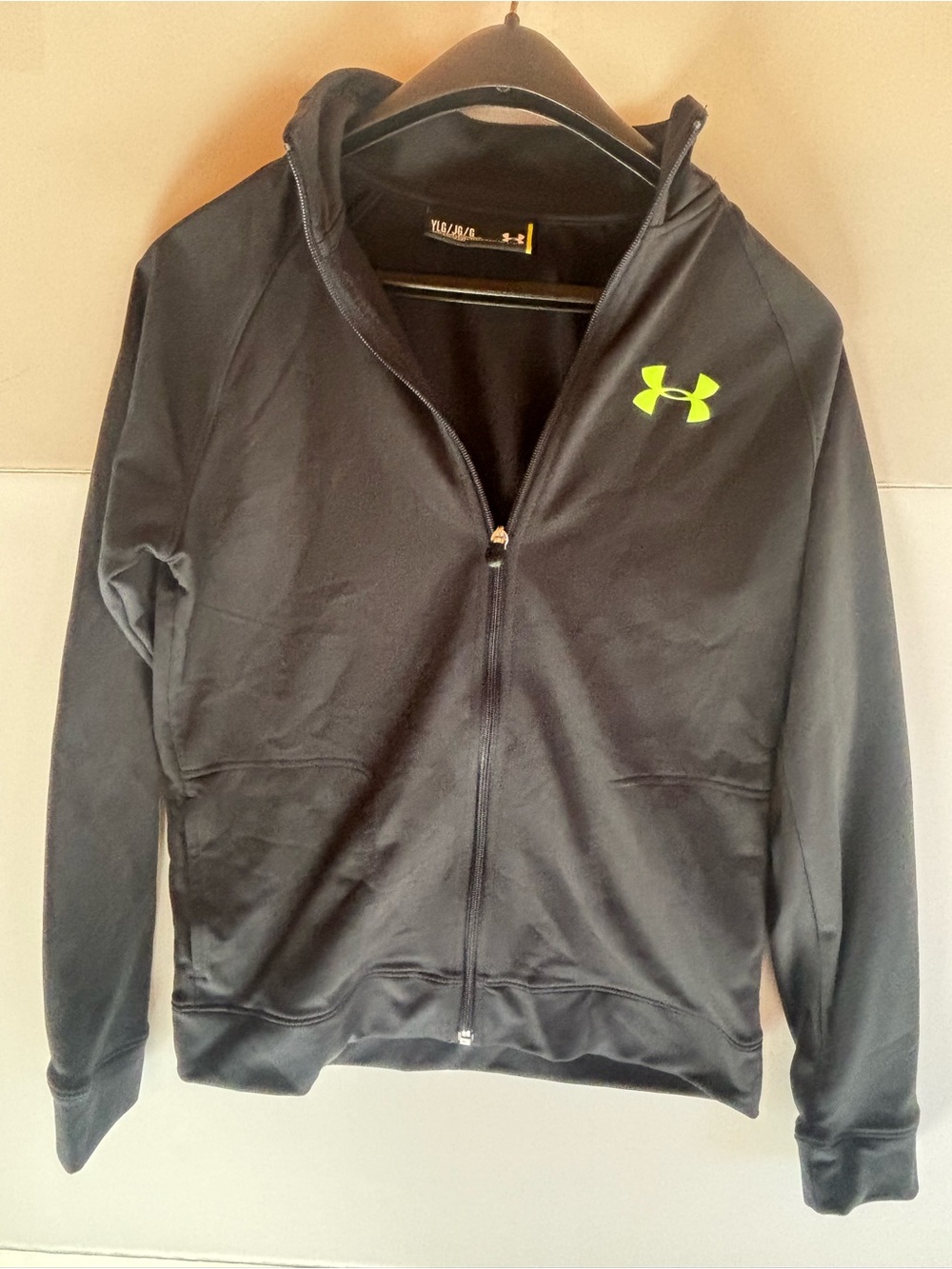 Under Armour Boys L Black Full Zip Track Jacket Yellow Logo Polyester